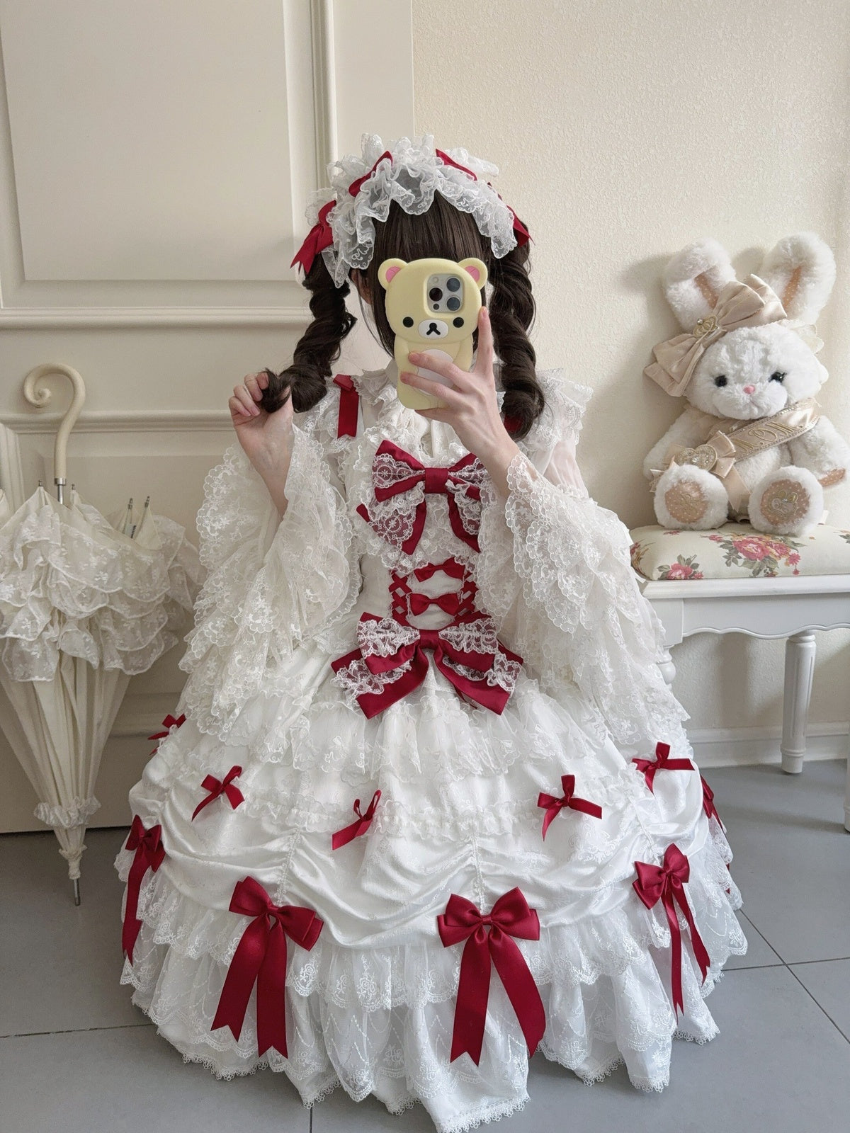 White & Red Doll JSK Lolita Dress with Back Bow & Headband