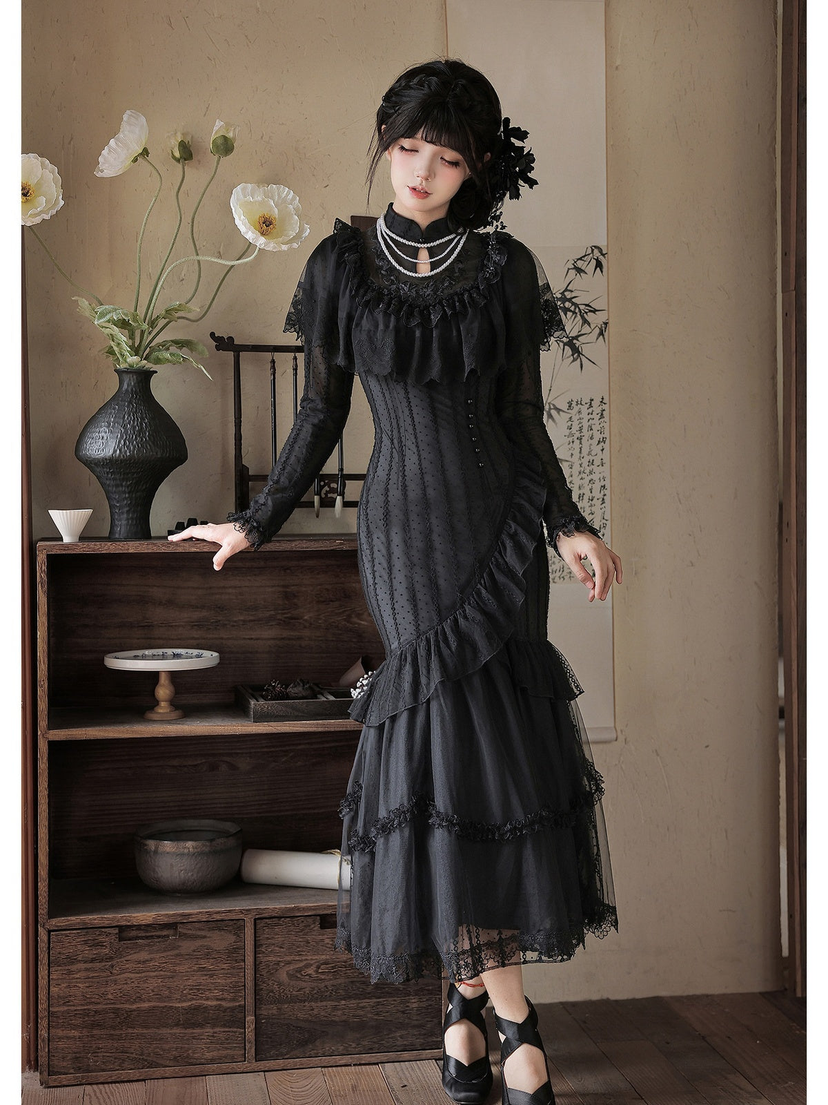 Black Embroidered Mermaid Cheongsam Lolita Set with Choker