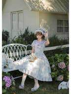 Purple Country Lolita Floral Print OP with Matching Flat Hat