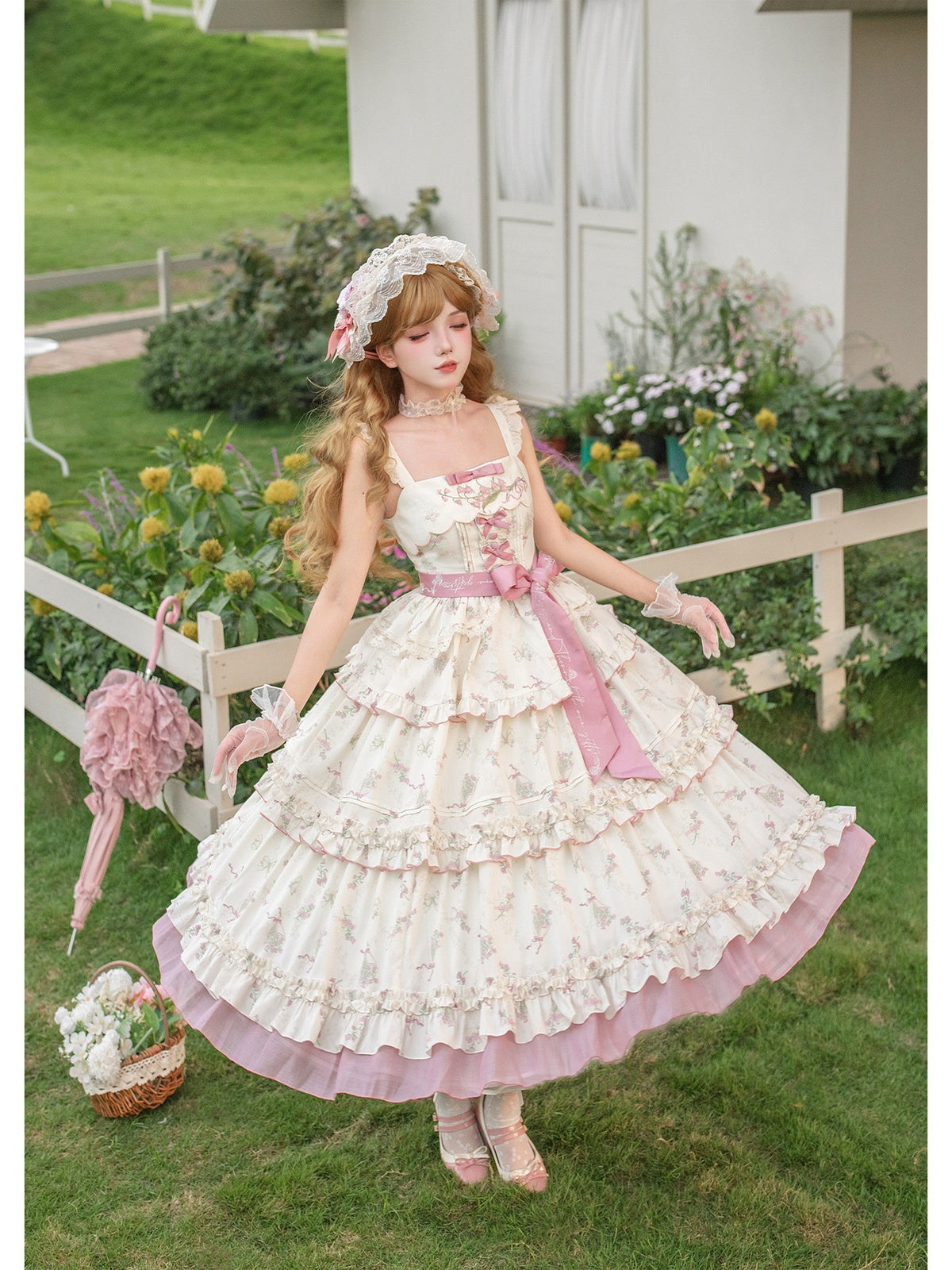 Embroidered Lolita JSK Set with Pink Flat Hat & Belt