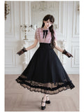 Black Pink Color Block Lolita Long Dress with Rhinestone Necktie