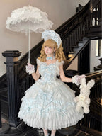 Blue Light Wedding Lolita JSK Dress with Hat & Necklace