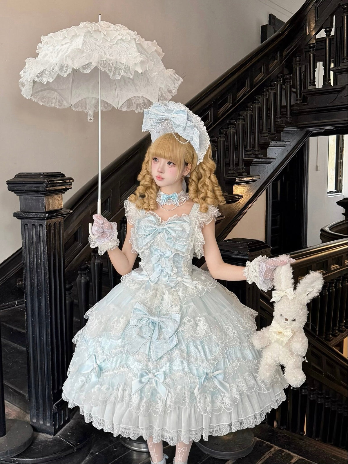 Blue Light Wedding Lolita JSK Dress with Hat & Necklace
