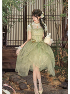 Green Chinese Style Lolita Petal Hem Print OP with Lift-Up Skirt