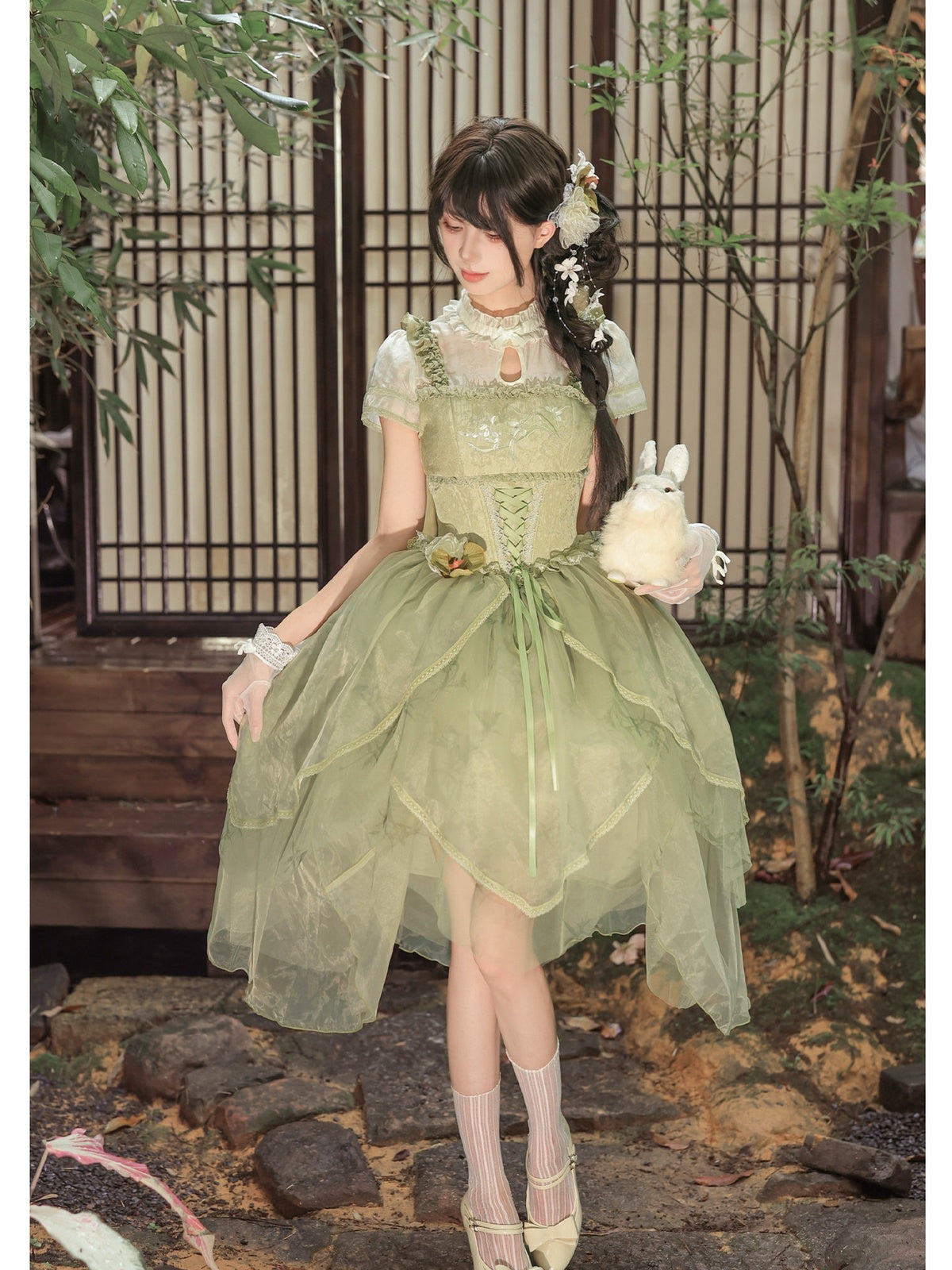Green Chinese Style Lolita Petal Hem Print OP with Lift-Up Skirt