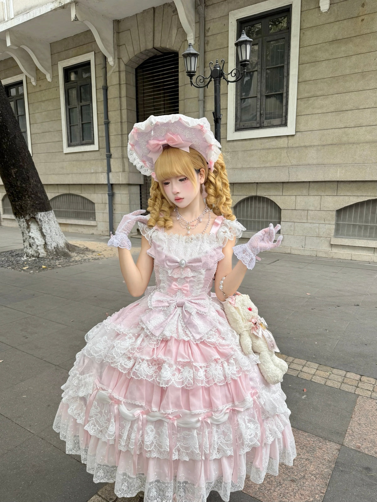 Pink Light Wedding Lolita JSK Dress with BNT Hat & Back Bow