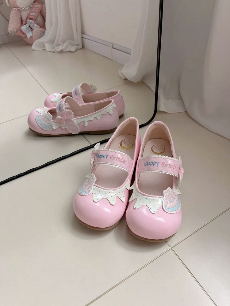 Pink Kawaii Polka Dot & Bowknot Flat Shoes with Happy Birthday Embroidery - Fairy Godmother | CoyBunny