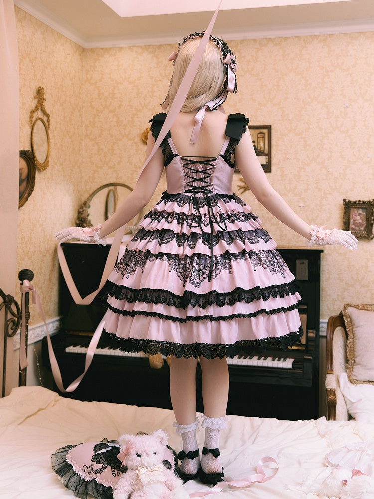 Black Pink High Waist Ruffled Lolita Jumper Skirt - Mademoiselle Pearl | CoyBunny