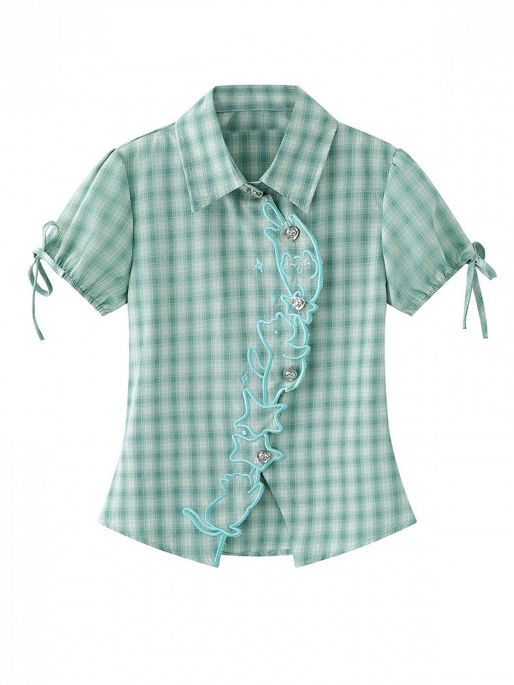 Green Plaid Short Sleeve Shirt with Kitty Embroidery - Languid Park | CoyBunny