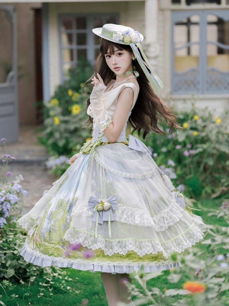 Art Print Skirt Classic Lolita Cowl Neck JSK Dress with Removable Overlay - Moonlight Dream | CoyBunny