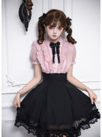 Black Pink Color Block Lolita Short Dress with Rhinestone Necktie