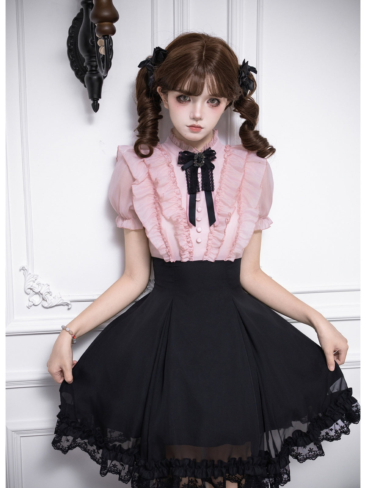 Black Pink Color Block Lolita Short Dress with Rhinestone Necktie