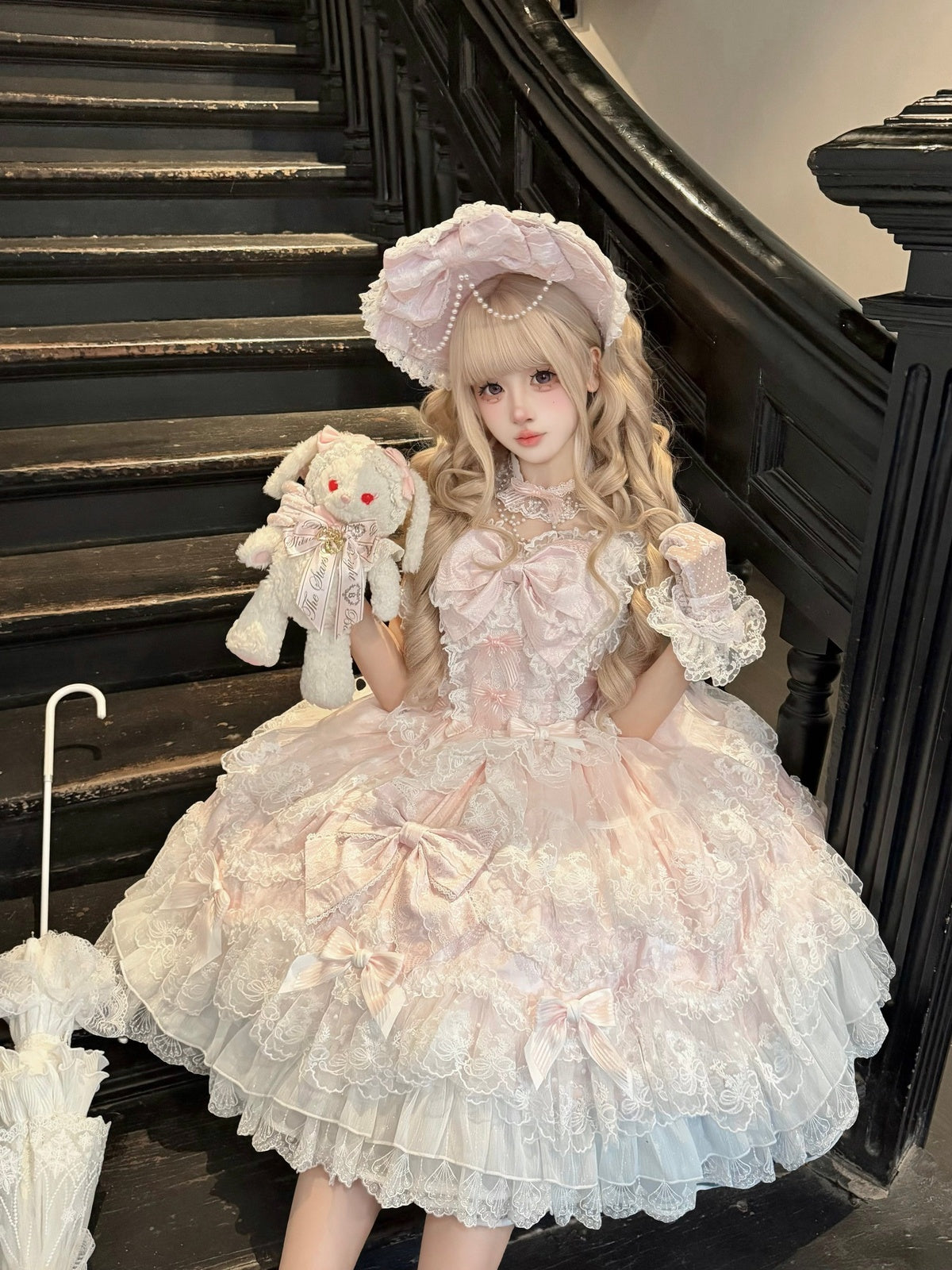 Pink Light Wedding Lolita JSK Dress with Hat & Necklace