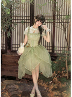 Green Chinese Style Lolita Petal Hem Print OP with Lift-Up Skirt