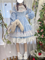 Blue & White Polka Dot Sweet Lolita OP Long Sleeve Dress