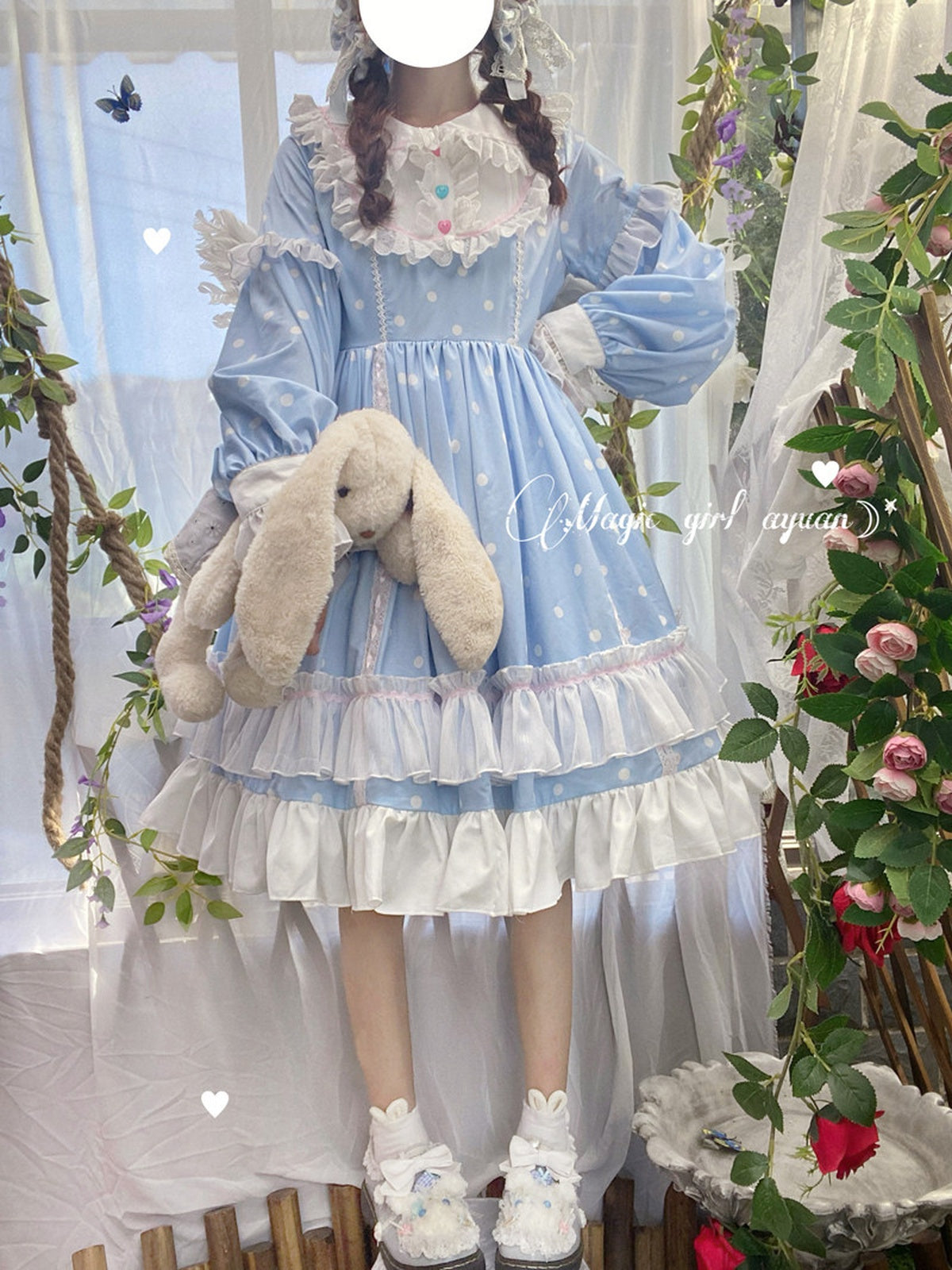 Blue & White Polka Dot Sweet Lolita OP Long Sleeve Dress