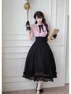 Black Pink Color Block Lolita Long Dress with Rhinestone Necktie