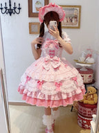 Sweet Pink Lolita JSK Dress Set with Bonnet | Cute Gown
