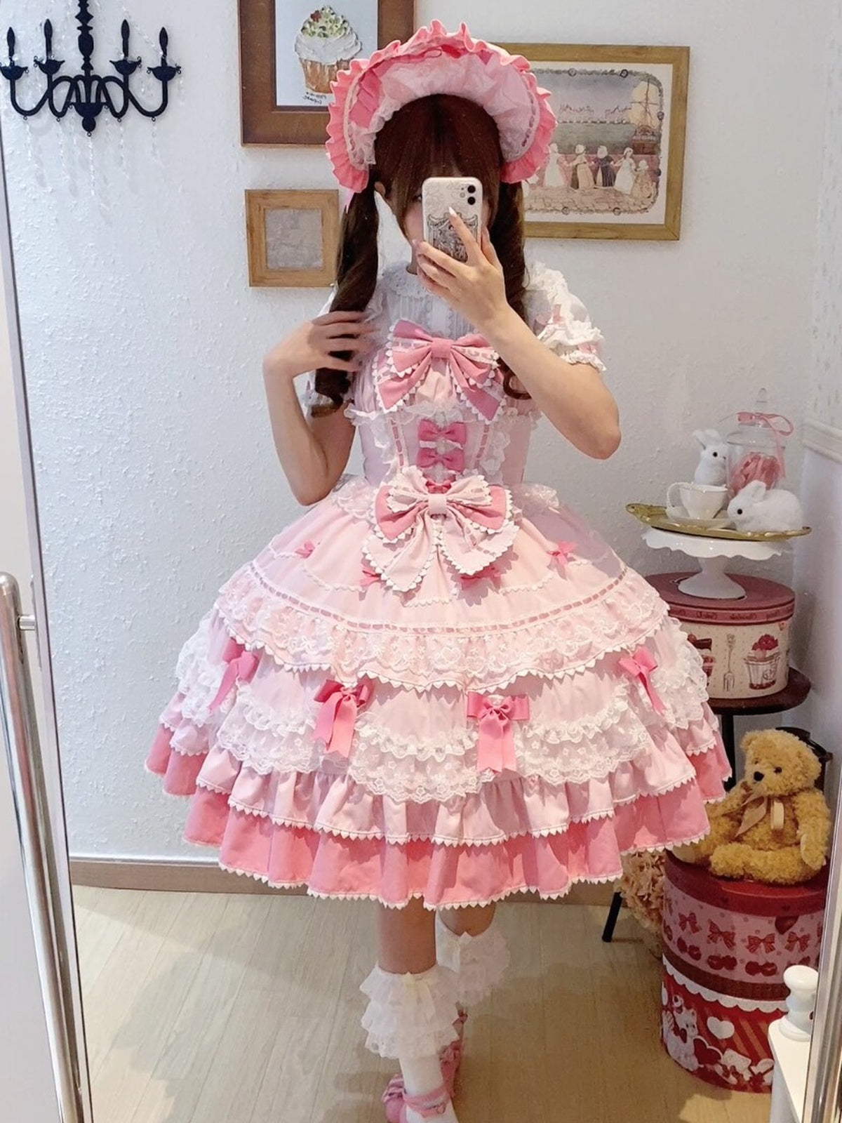 Sweet Pink Lolita JSK Dress Set with Bonnet | Cute Gown