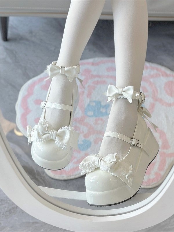 White Sweet Lolita Platform Shoes with Bow Accents | Jiang Jiang Little Cookies | CoyBunny
