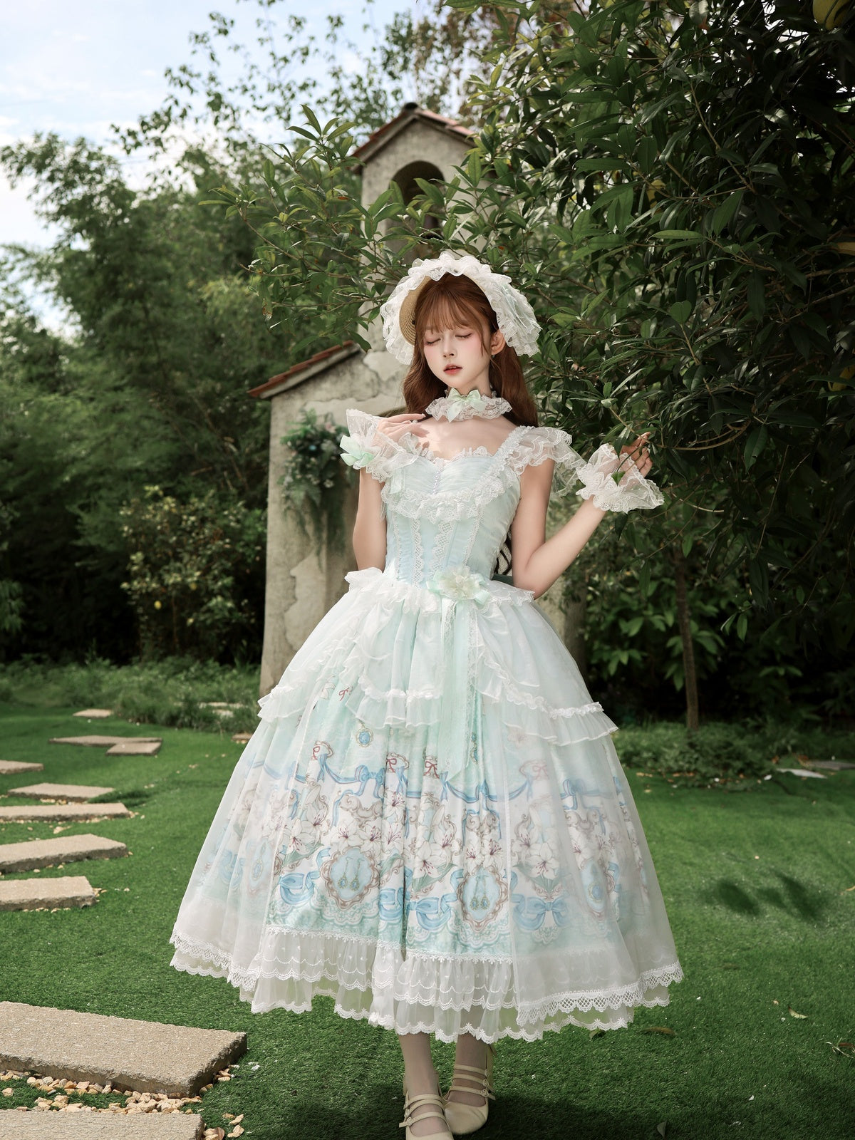 Sweet Mint Green Lolita JSK Dress Lace Ruffle Floral Print Princess Jumper Skirt