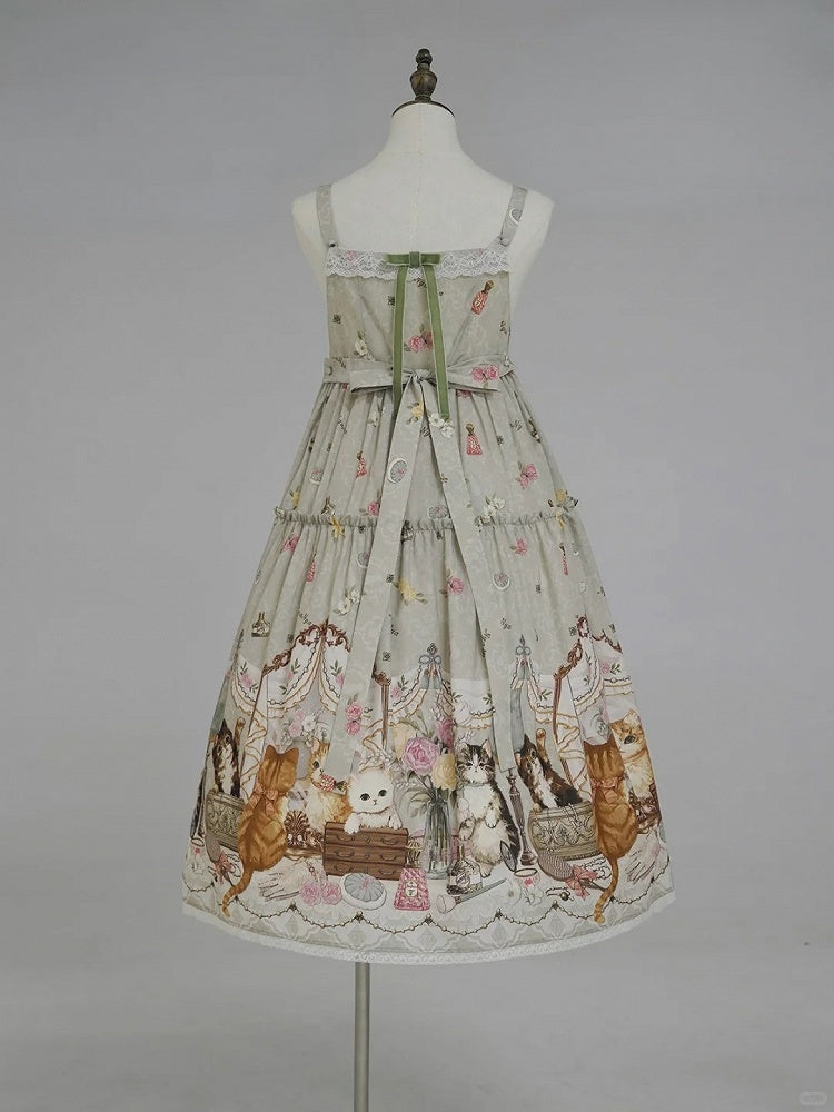 Green Cat Print High Waist Sweet Lolita Jumper Skirt - NyaNya | CoyBunny