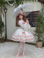 White and Pink Bowknot Details Tiered Skirt Sweet Lolita Dress Jumper Skirt | CoyBunny
