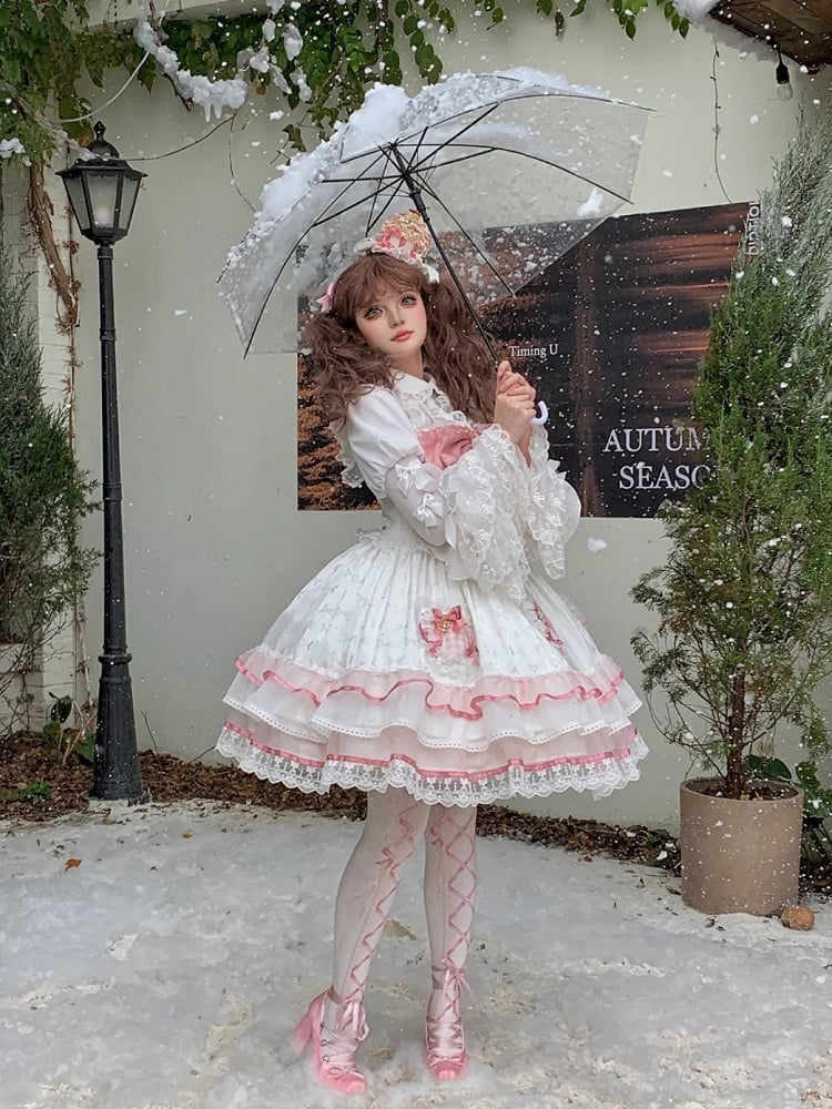 White and Pink Bowknot Details Tiered Skirt Sweet Lolita Dress Jumper Skirt | CoyBunny