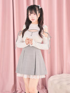 White Cut-Out Shoulder Knit Plaid Dress with Lace Trim - No Genki | CoyBunny