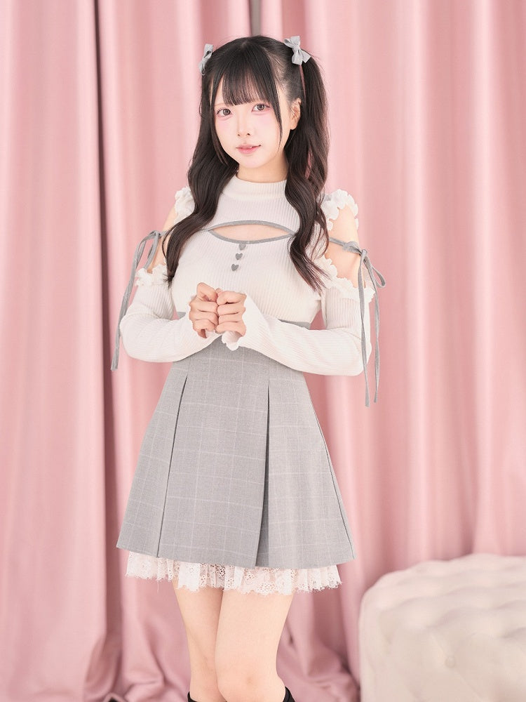 White Cut-Out Shoulder Knit Plaid Dress with Lace Trim - No Genki | CoyBunny