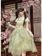 Green Chinese Style Lolita Petal Hem Print OP with Lift-Up Skirt