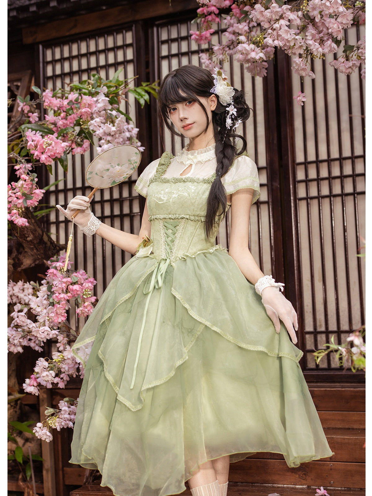 Green Chinese Style Lolita Petal Hem Print OP with Lift-Up Skirt