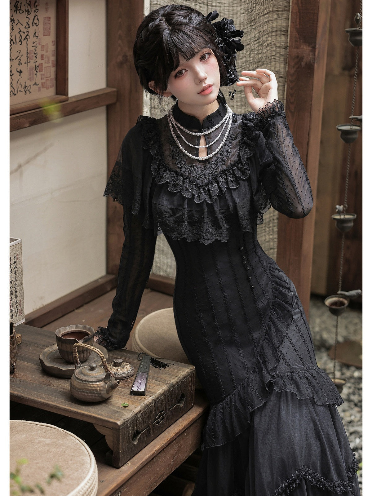Black Embroidered Mermaid Cheongsam Lolita Set with Choker
