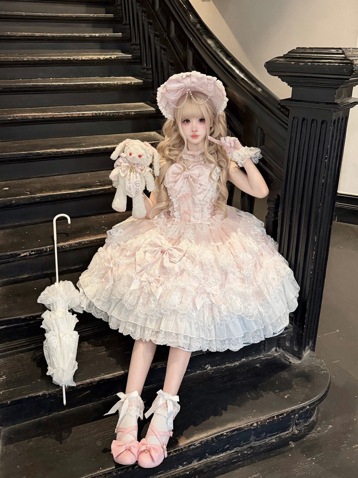 Pink Light Wedding Lolita JSK Dress with Hat & Necklace