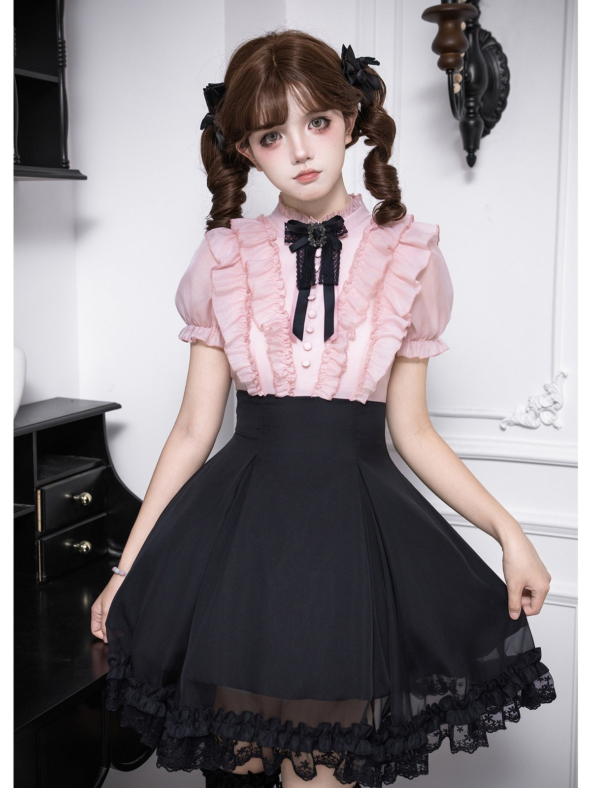 Black Pink Color Block Lolita Short Dress with Rhinestone Necktie