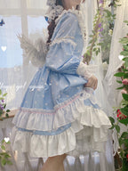 Blue & White Polka Dot Sweet Lolita OP Long Sleeve Dress