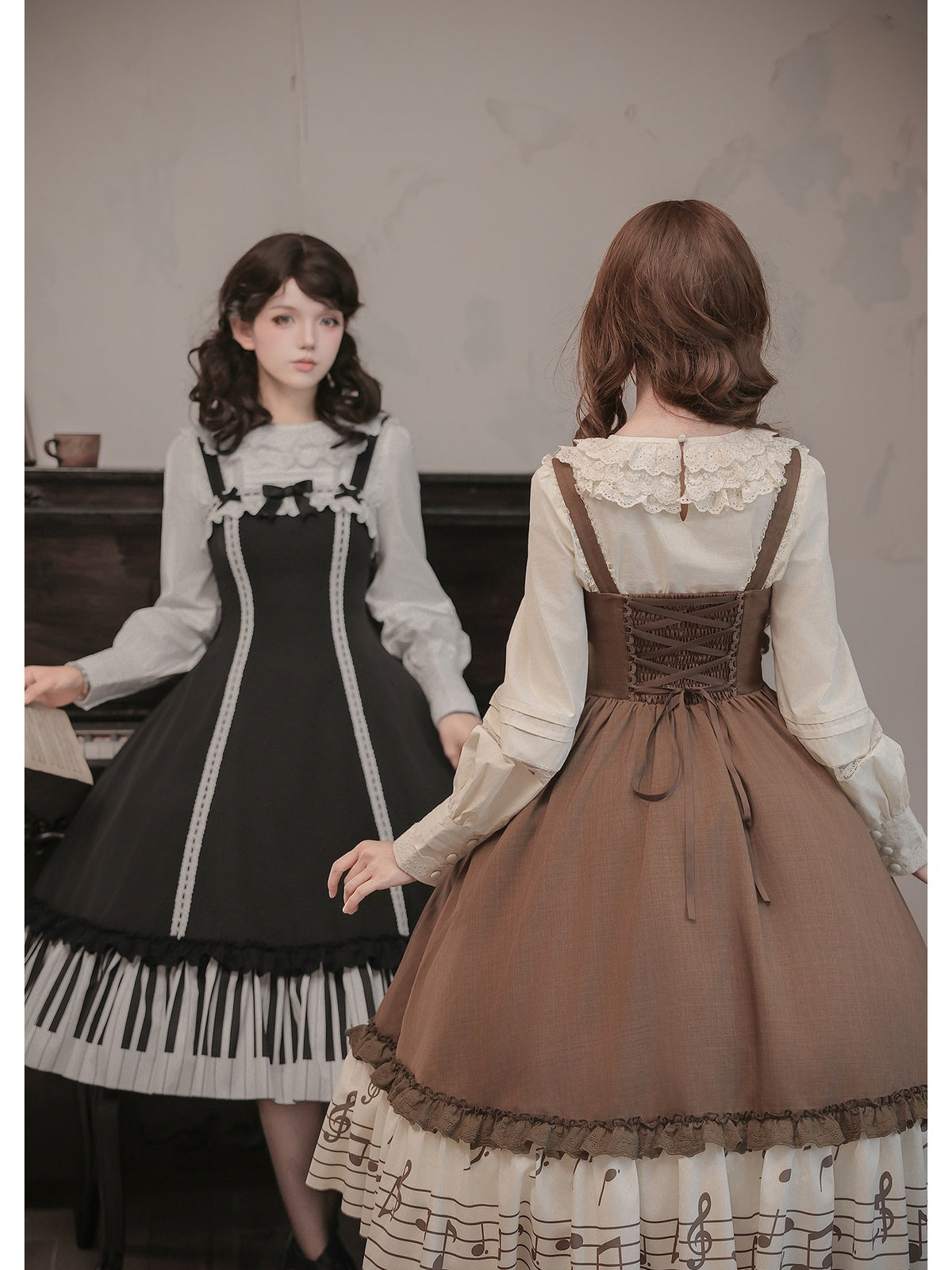 Coffee Print Lolita JSK Dress with Adjustable Straps & Ruffle Hem