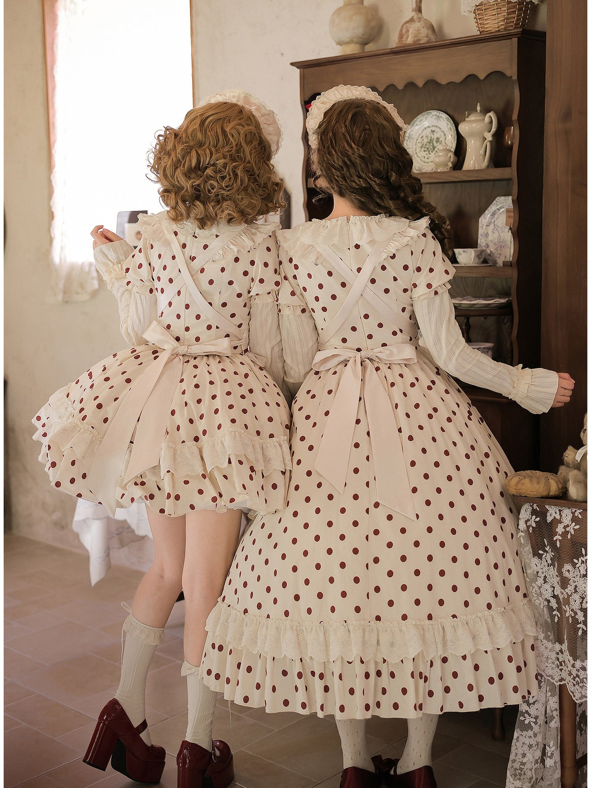 Long Doll Lolita Cotton Print OP Set with Apron & BNT