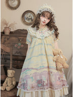 Pale Yellow Doll Lolita Bear Print OP Set with Bonus Accessories