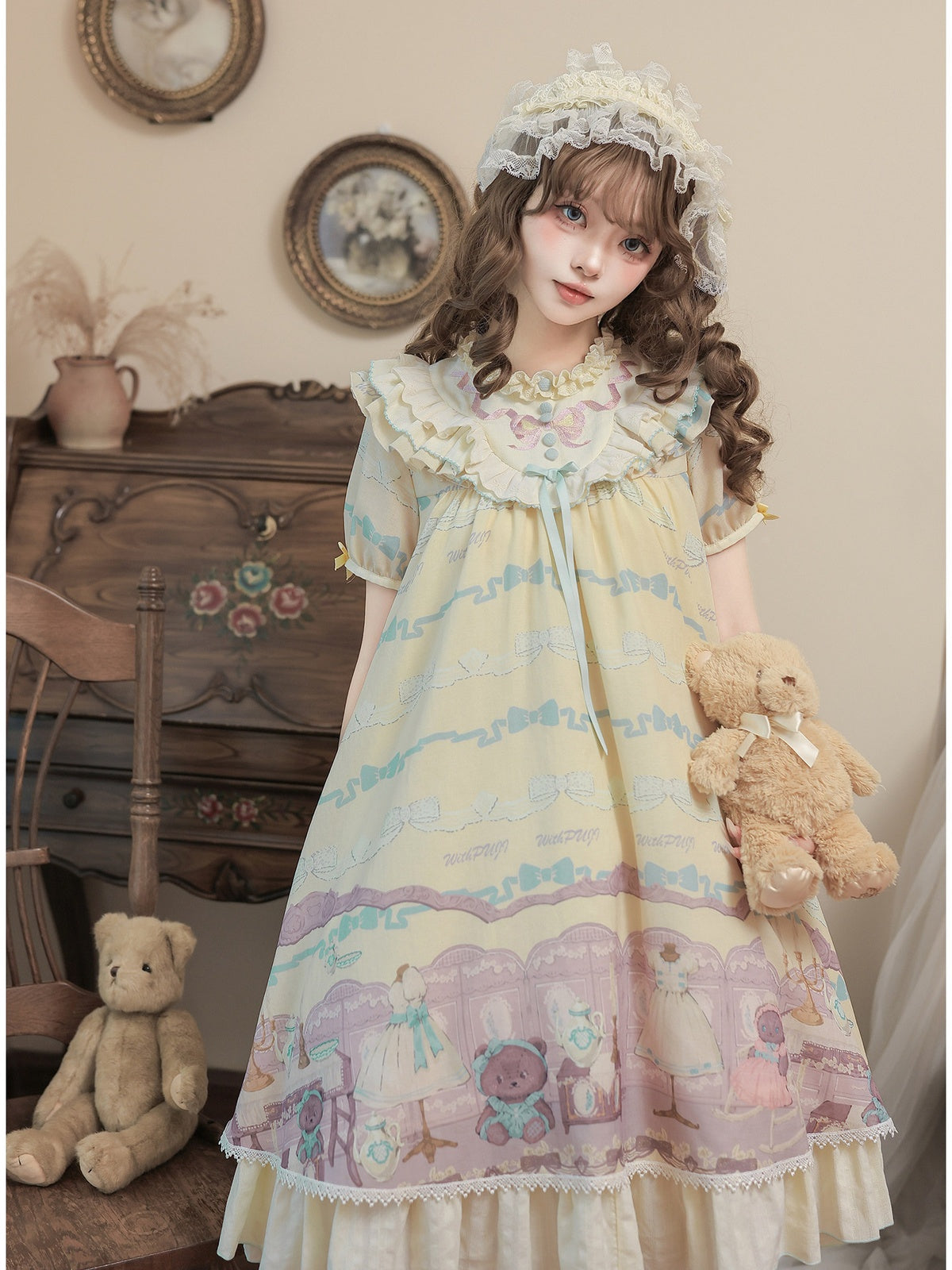 Pale Yellow Doll Lolita Bear Print OP Set with Bonus Accessories