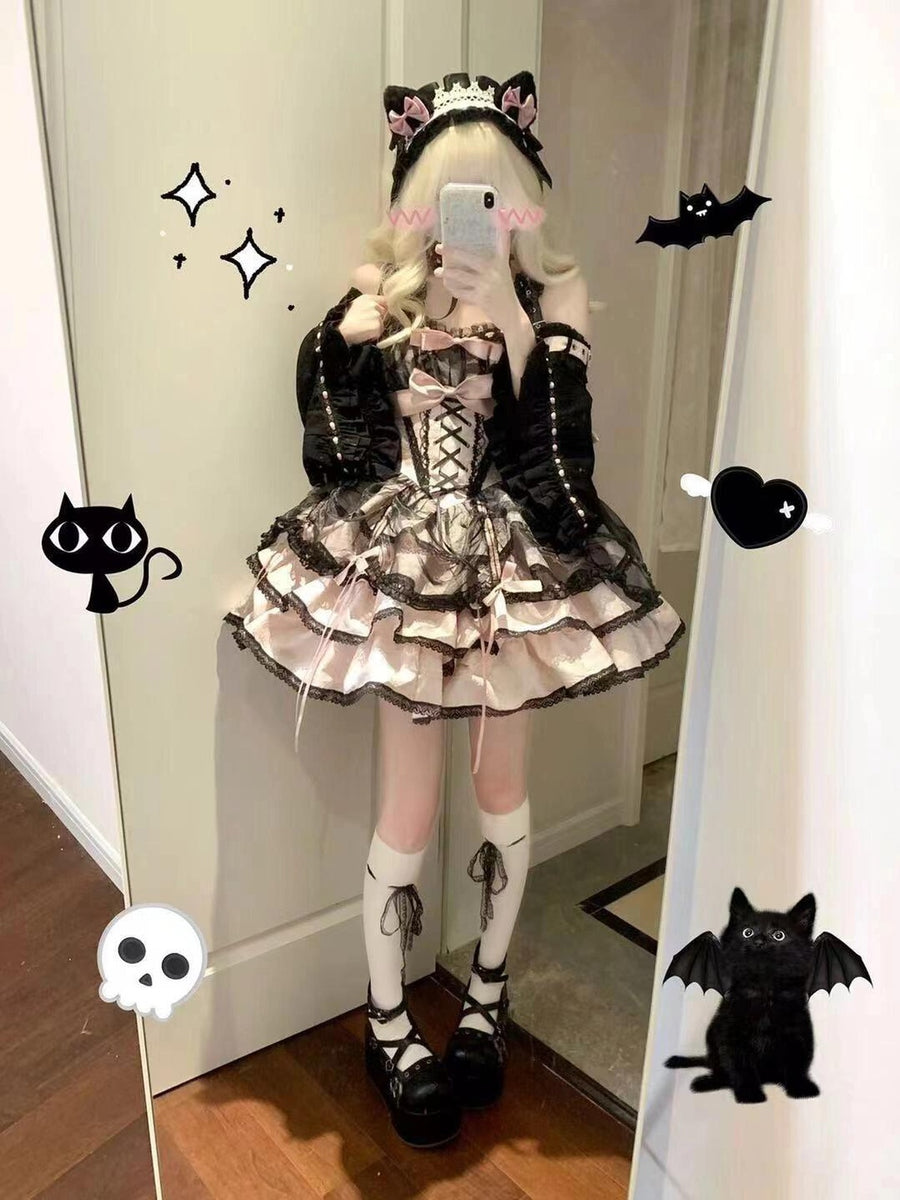 Black & Pink Gothic Lolita JSK Dress: Princess Ballet Gown Set