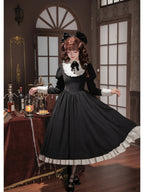 Black Elegant Maid Lolita OP Set with Apron, Necktie & Headband