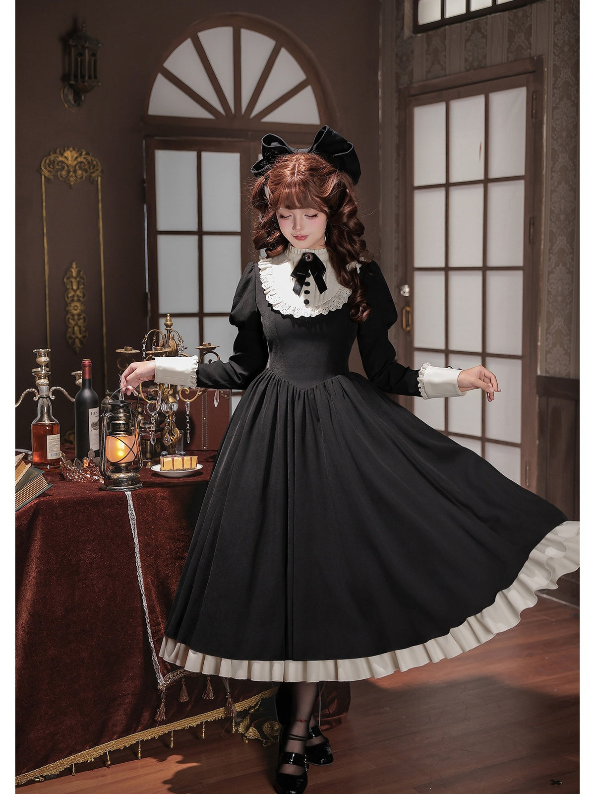 Black Elegant Maid Lolita OP Set with Apron, Necktie & Headband