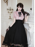 Black Pink Color Block Lolita Long Dress with Rhinestone Necktie