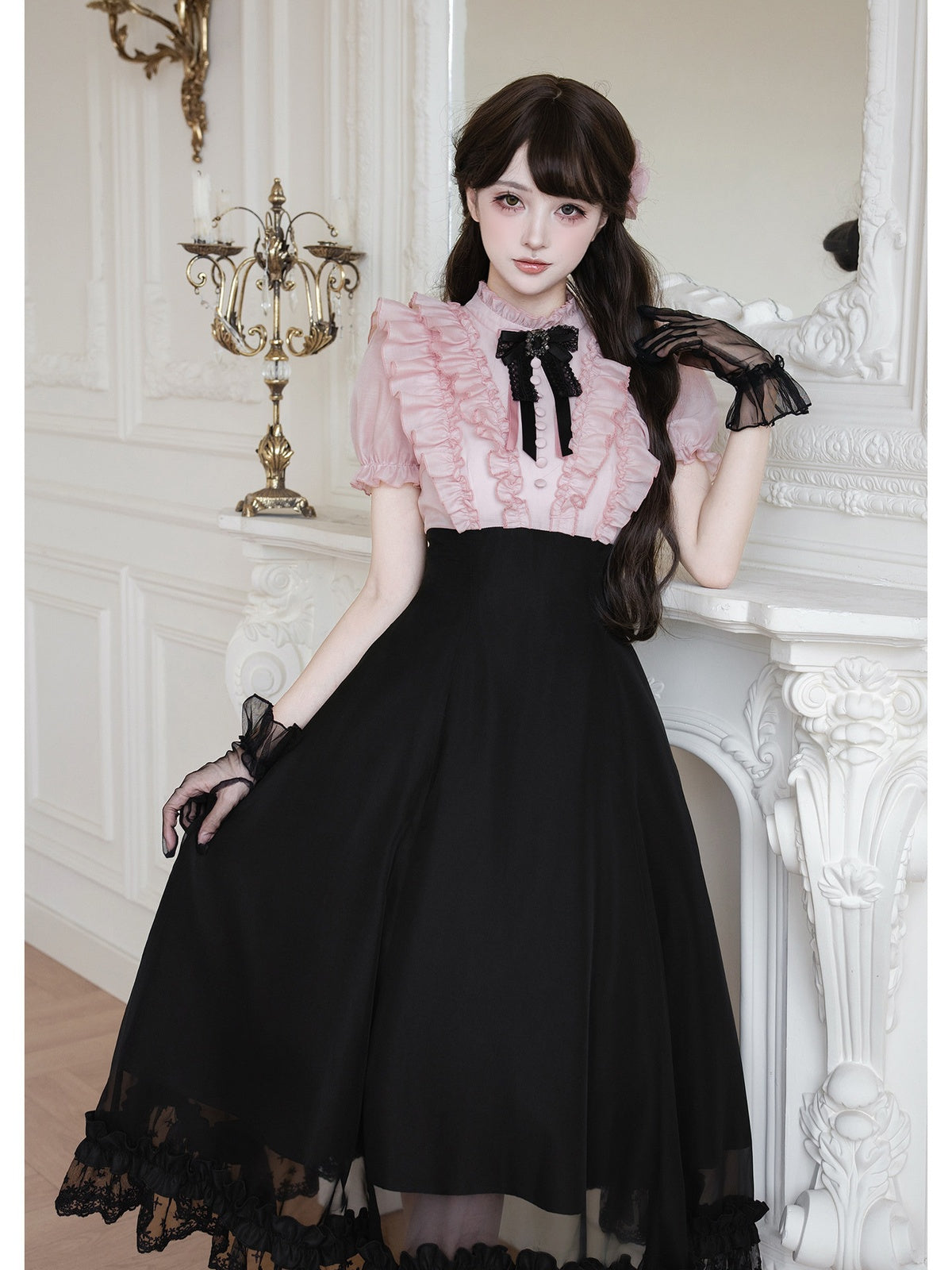Black Pink Color Block Lolita Long Dress with Rhinestone Necktie