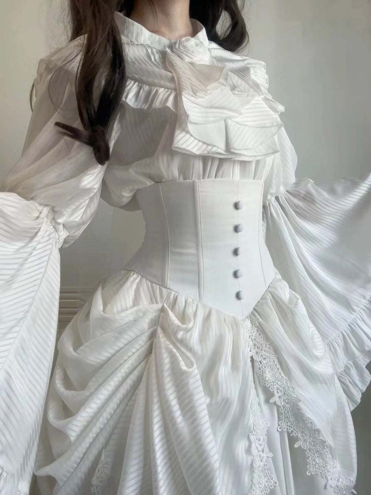 Gothic White Lolita Skirt Set: Hime Sleeve Blouse & Corset Set