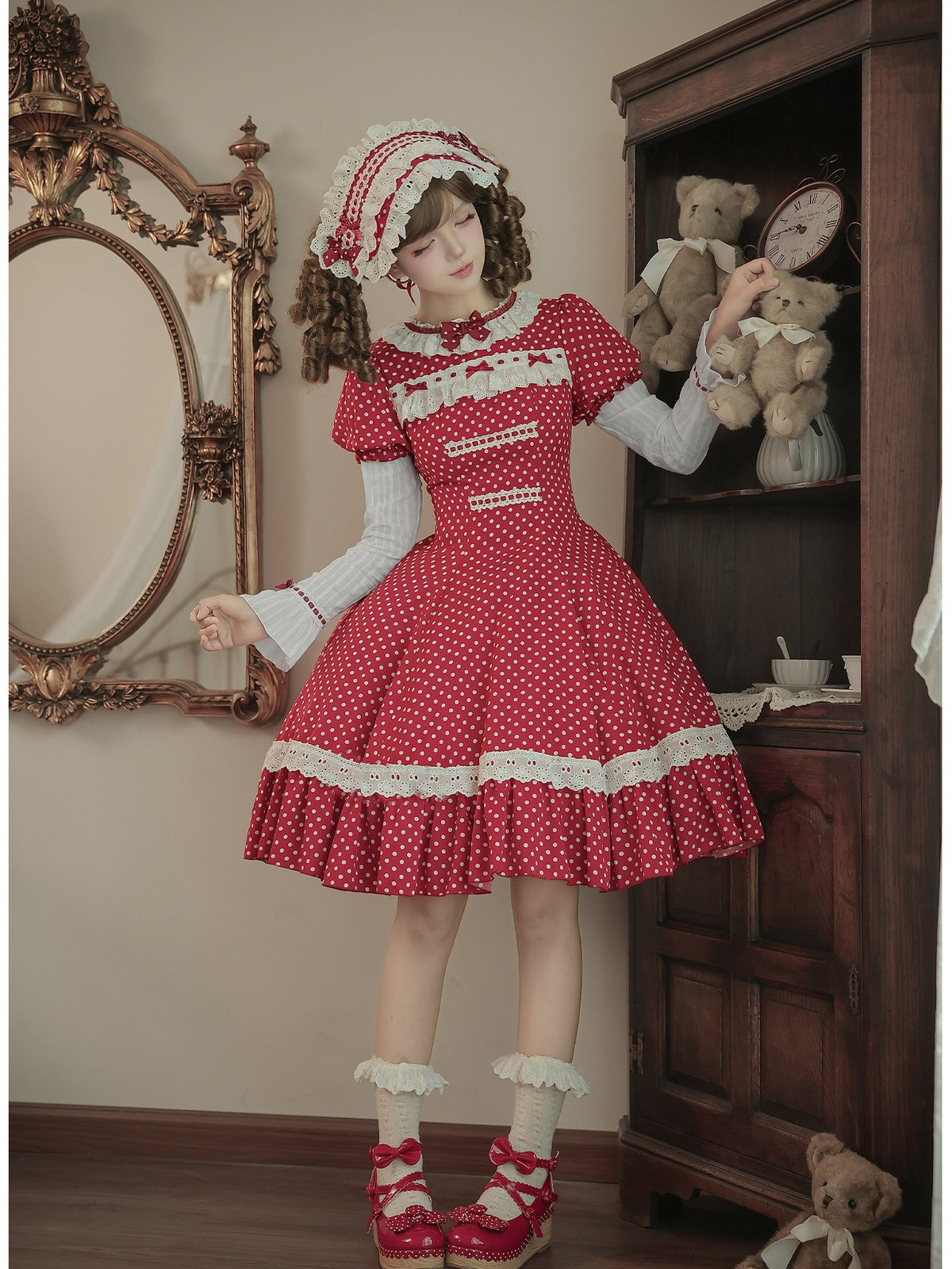 Retro Polka Dot Lolita OP Set with Headband