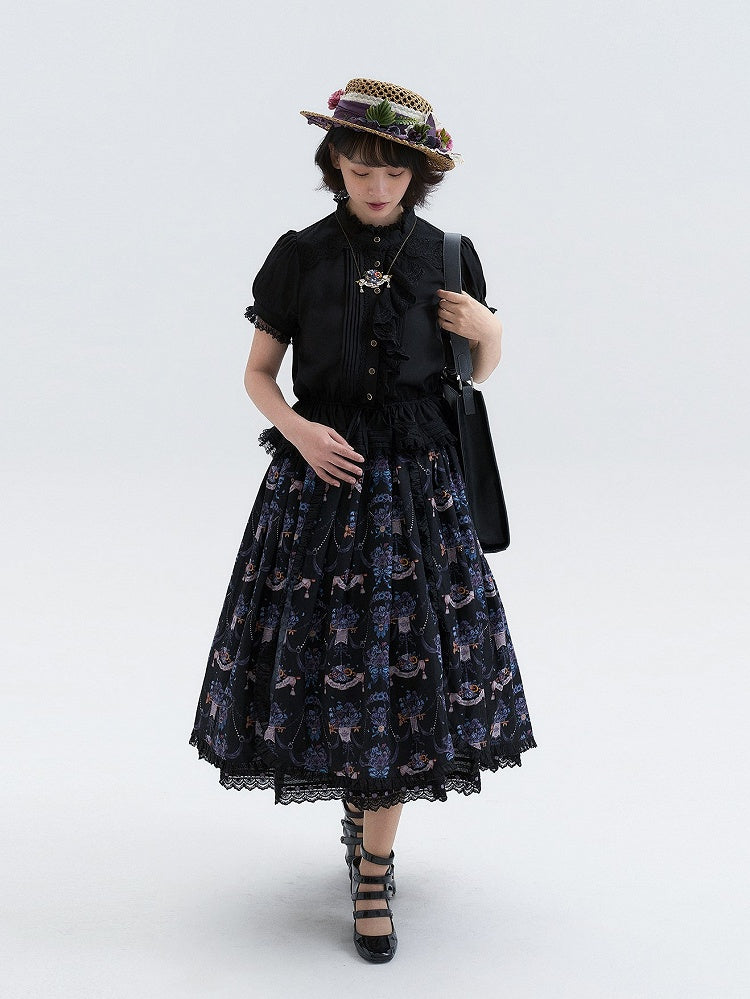 Black Purple Pansy Print Elegant Lolita Skirt | CoyBunny