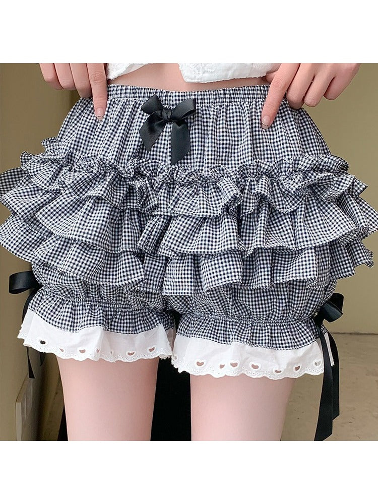 Checkered Cotton Bloomers with Lace and Bow Details - Lan Jian Chuan | CoyBunny