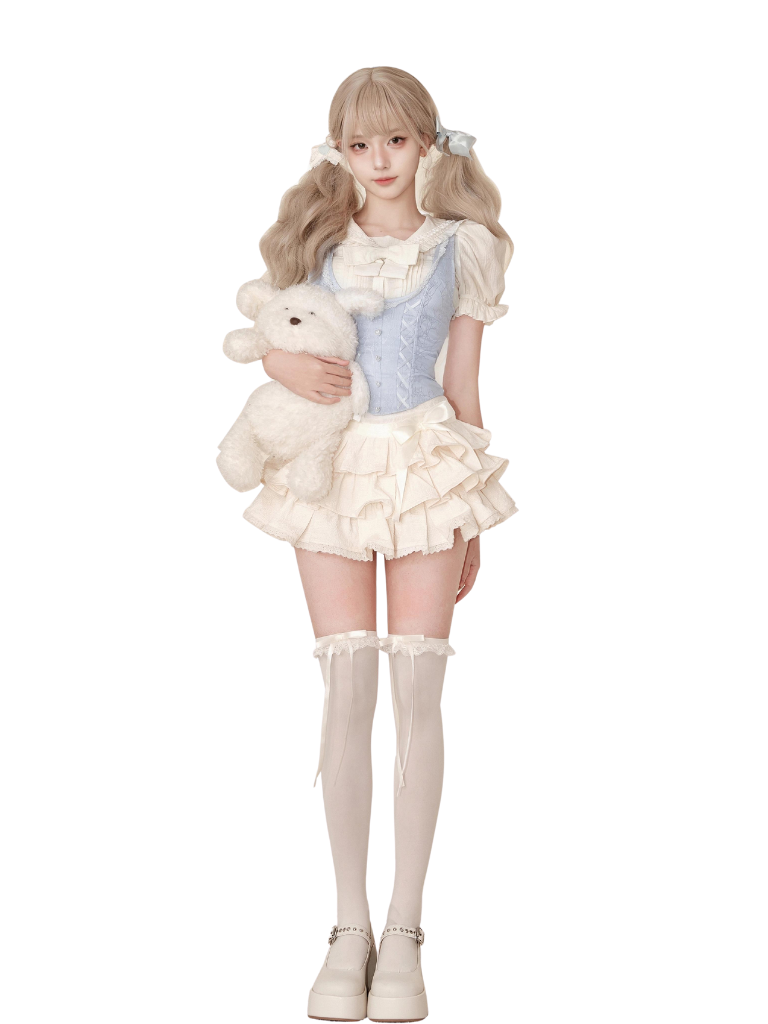 Sweet Lolita Puff Sleeve Shirt Vest Skirt Set (XS-M Available) | CoyBunny